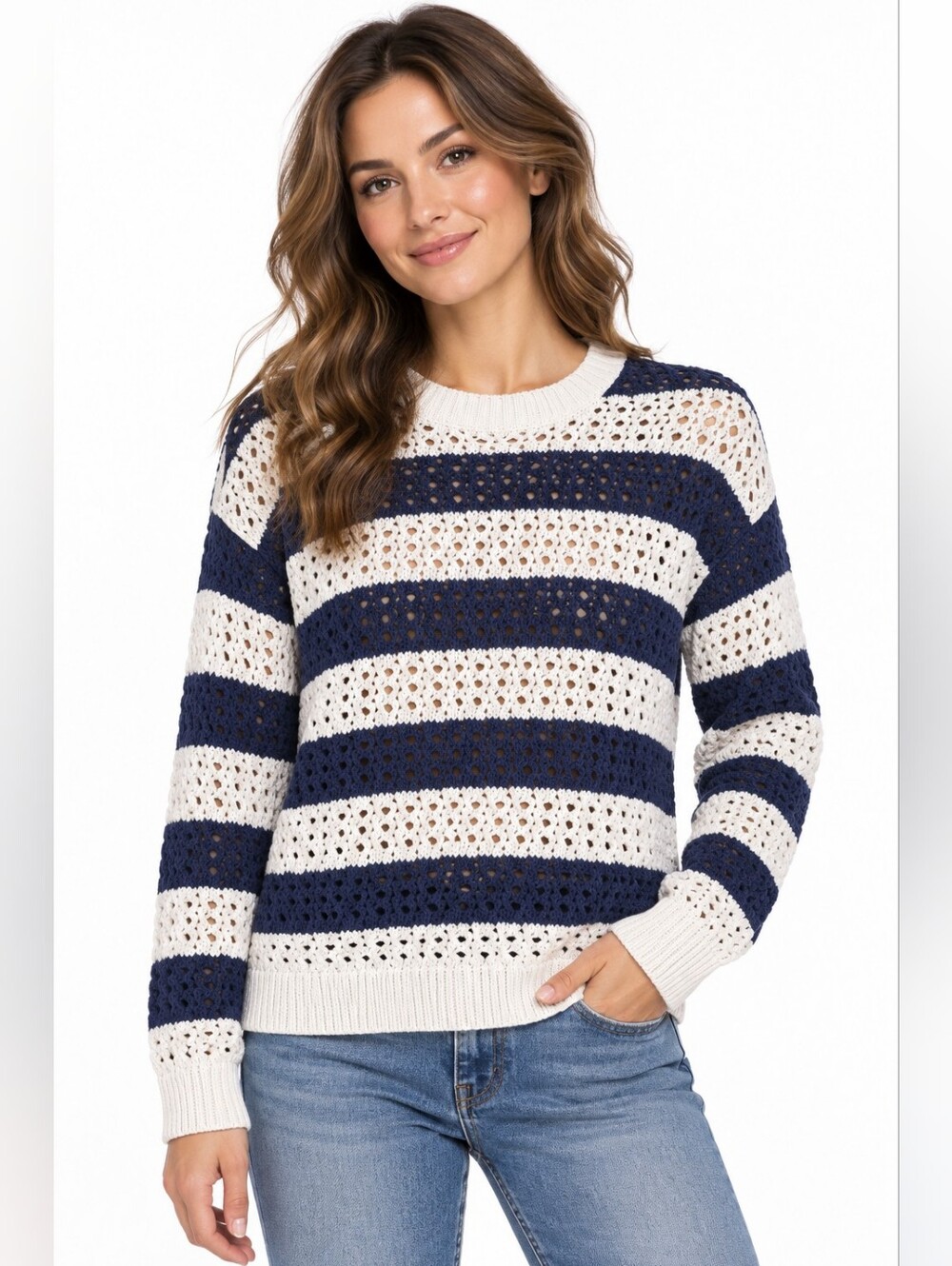 Universal Thread Open Knit Striped Crochet Sweater Blue White Medium coastal